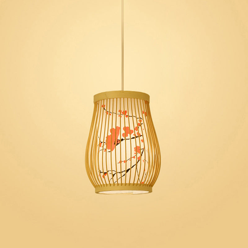 Bamboo Tea Room Ceiling Light With Chinoiserie Print Lampshade - Woven Hanging Fixture Red / 10