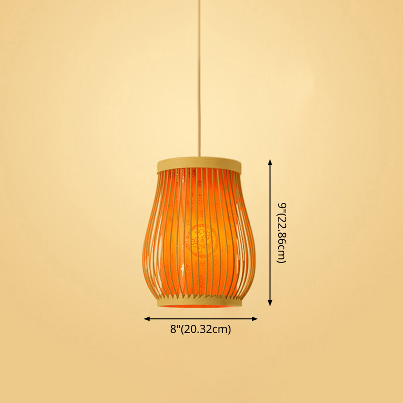 Bamboo Tea Room Ceiling Light With Chinoiserie Print Lampshade - Woven Hanging Fixture