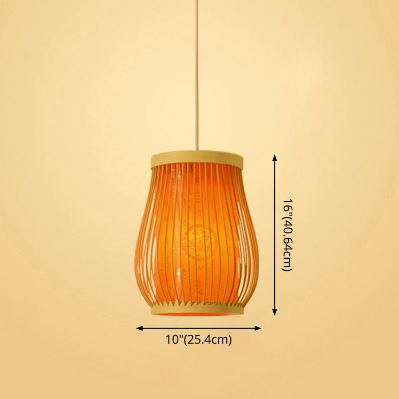 Bamboo Tea Room Ceiling Light With Chinoiserie Print Lampshade - Woven Hanging Fixture