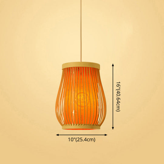 Bamboo Tea Room Ceiling Light With Chinoiserie Print Lampshade - Woven Hanging Fixture