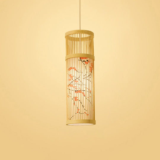 Bamboo Tea Room Ceiling Light With Chinoiserie Print Lampshade - Woven Hanging Fixture Red / 7