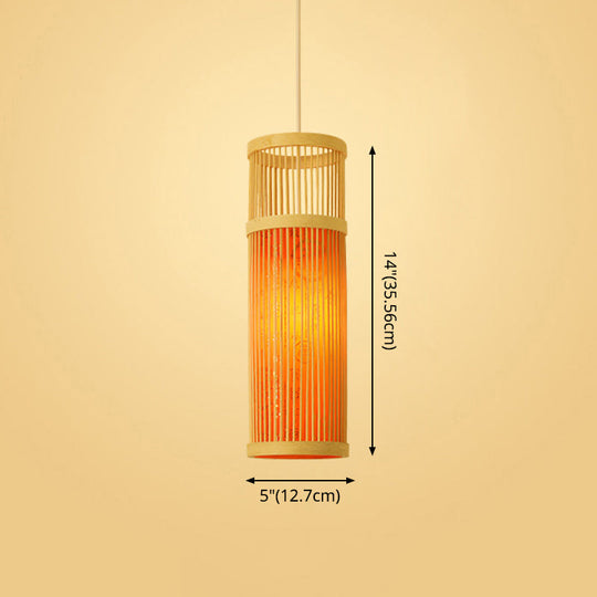 Bamboo Tea Room Ceiling Light With Chinoiserie Print Lampshade - Woven Hanging Fixture