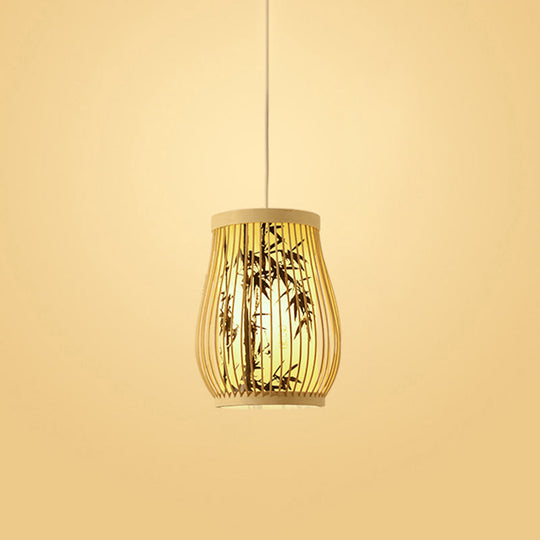 Bamboo Tea Room Ceiling Light With Chinoiserie Print Lampshade - Woven Hanging Fixture Black / 8