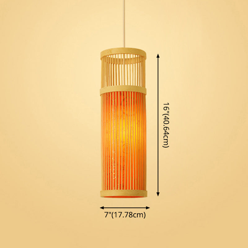 Bamboo Tea Room Ceiling Light With Chinoiserie Print Lampshade - Woven Hanging Fixture