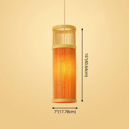 Bamboo Tea Room Ceiling Light With Chinoiserie Print Lampshade - Woven Hanging Fixture