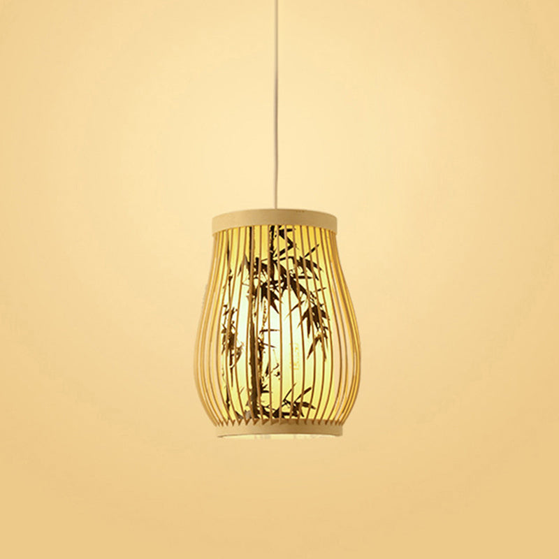 Bamboo Tea Room Ceiling Light With Chinoiserie Print Lampshade - Woven Hanging Fixture Black / 10