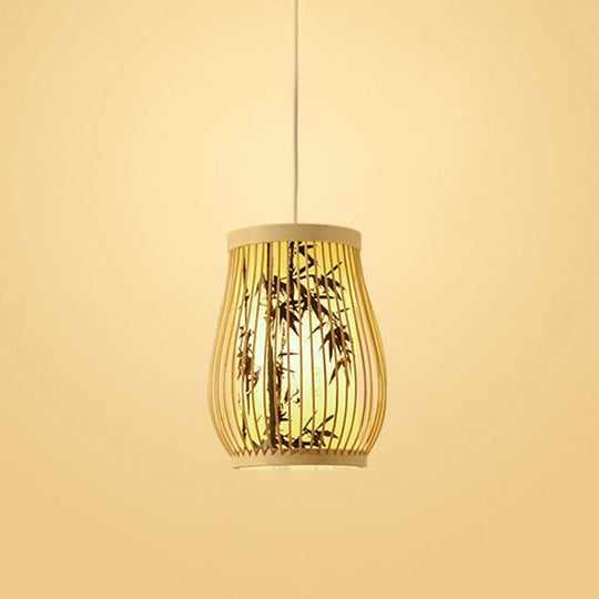 Bamboo Tea Room Ceiling Light With Chinoiserie Print Lampshade - Woven Hanging Fixture Black / 10