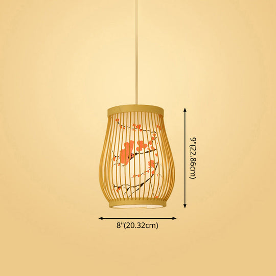 Bamboo Tea Room Ceiling Light With Chinoiserie Print Lampshade - Woven Hanging Fixture