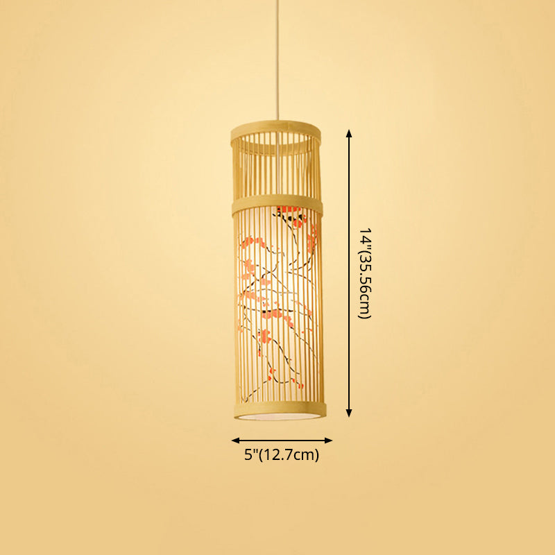 Bamboo Tea Room Ceiling Light With Chinoiserie Print Lampshade - Woven Hanging Fixture