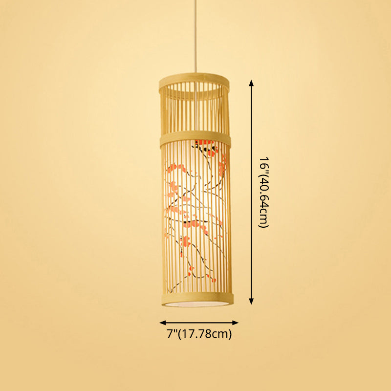 Bamboo Tea Room Ceiling Light With Chinoiserie Print Lampshade - Woven Hanging Fixture