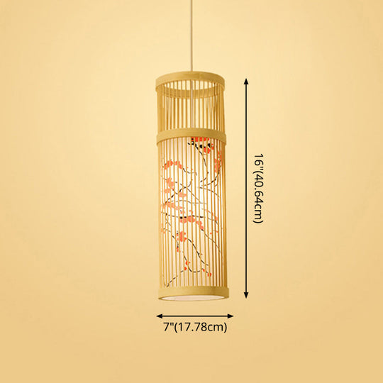Bamboo Tea Room Ceiling Light With Chinoiserie Print Lampshade - Woven Hanging Fixture