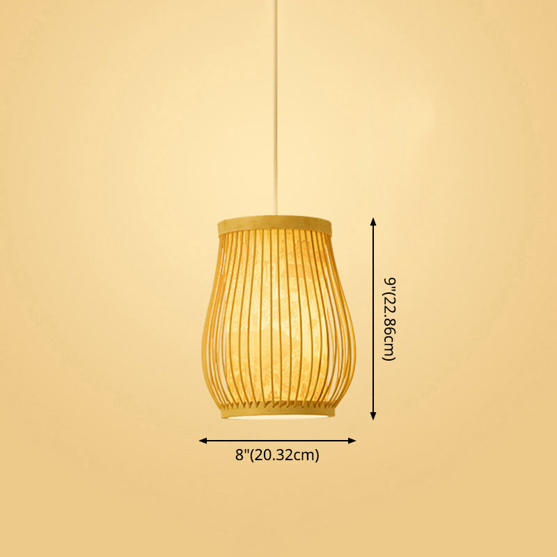 Bamboo Tea Room Ceiling Light With Chinoiserie Print Lampshade - Woven Hanging Fixture