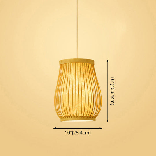 Bamboo Tea Room Ceiling Light With Chinoiserie Print Lampshade - Woven Hanging Fixture