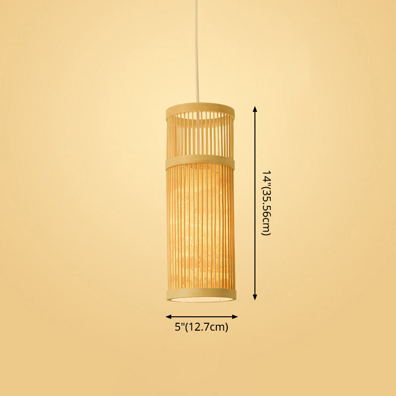 Bamboo Tea Room Ceiling Light With Chinoiserie Print Lampshade - Woven Hanging Fixture