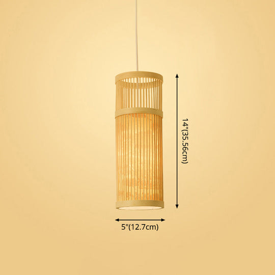 Bamboo Tea Room Ceiling Light With Chinoiserie Print Lampshade - Woven Hanging Fixture