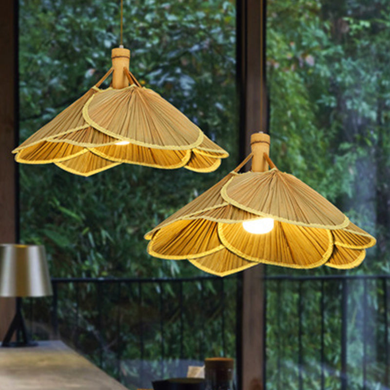 Bamboo Pendant Light - Chinese Cattail Fan Design 1-Light Wood Suspension For Foyer