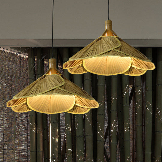 Bamboo Pendant Light - Chinese Cattail Fan Design 1-Light Wood Suspension For Foyer