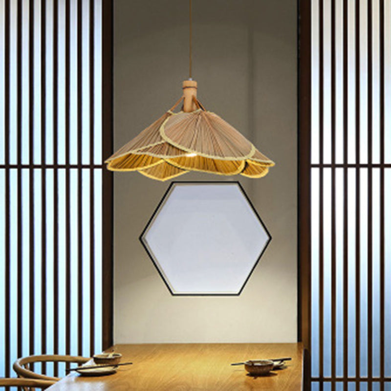 Bamboo Pendant Light - Chinese Cattail Fan Design 1-Light Wood Suspension For Foyer