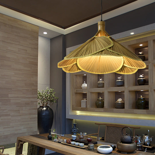 Bamboo Pendant Light - Chinese Cattail Fan Design 1-Light Wood Suspension For Foyer