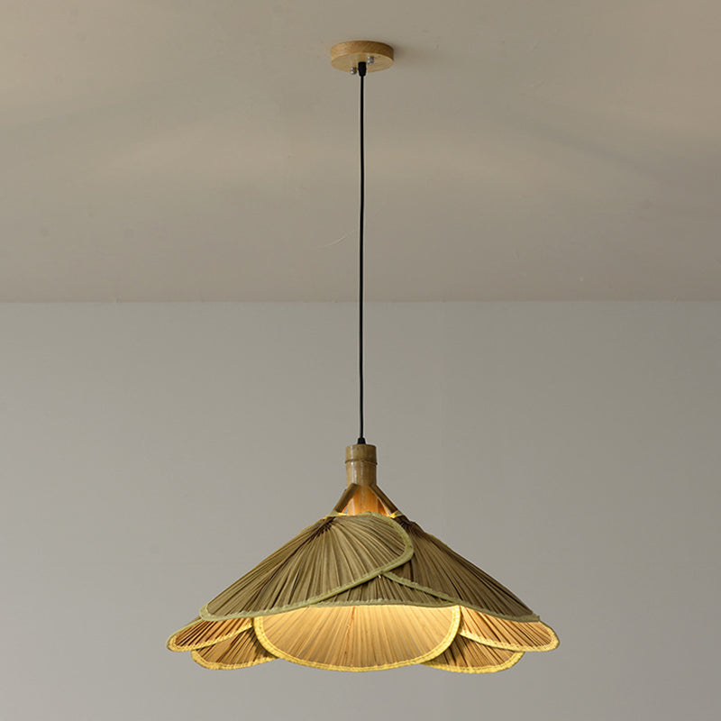 Bamboo Pendant Light - Chinese Cattail Fan Design 1-Light Wood Suspension For Foyer