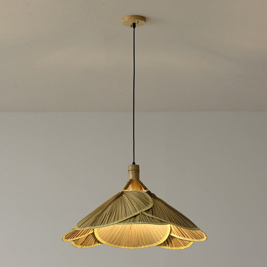 Bamboo Pendant Light - Chinese Cattail Fan Design 1-Light Wood Suspension For Foyer