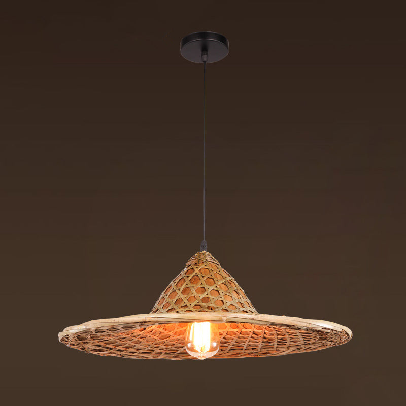 Farmers Hat Pendant: Asian Inspired Bamboo Woven Ceiling Lamp In Wood / A