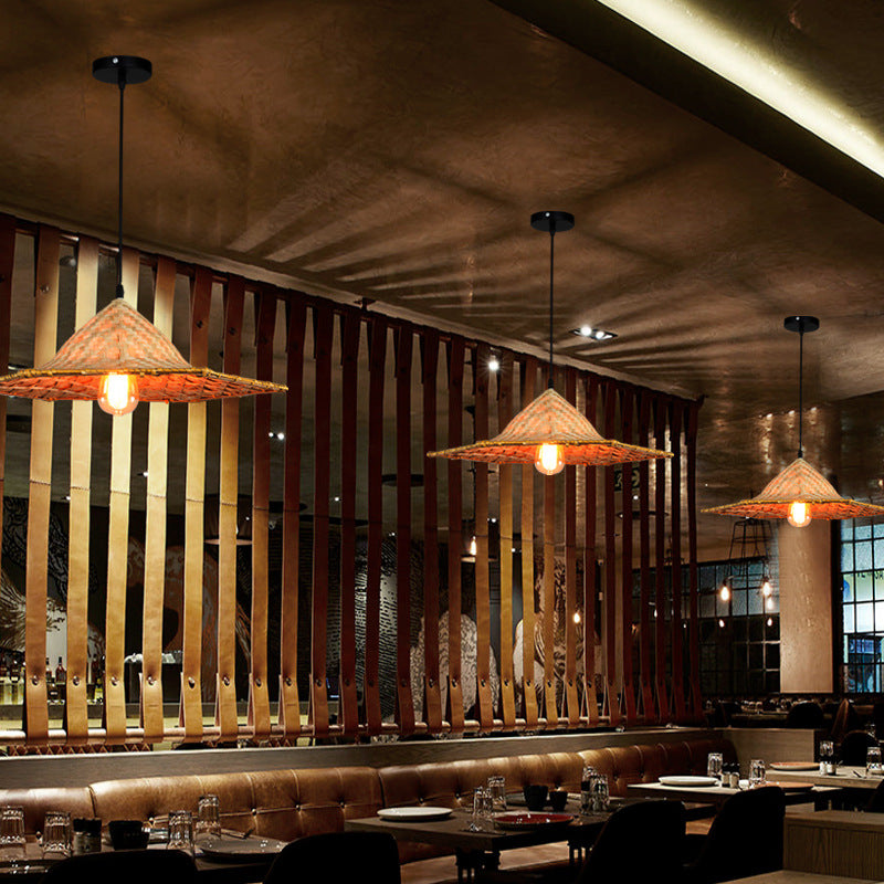 Farmers Hat Pendant: Asian Inspired Bamboo Woven Ceiling Lamp In Wood