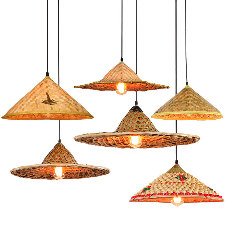 Farmers Hat Pendant: Asian Inspired Bamboo Woven Ceiling Lamp In Wood