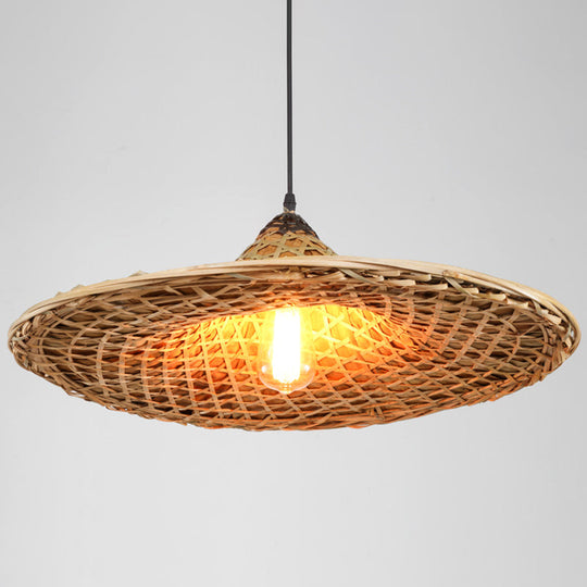 Farmers Hat Pendant: Asian Inspired Bamboo Woven Ceiling Lamp In Wood