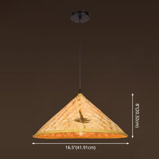 Farmers Hat Pendant: Asian Inspired Bamboo Woven Ceiling Lamp In Wood