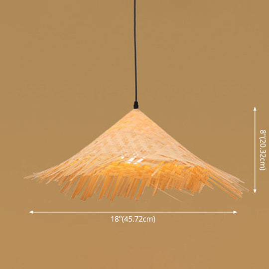 Farmers Hat Pendant: Asian Inspired Bamboo Woven Ceiling Lamp In Wood