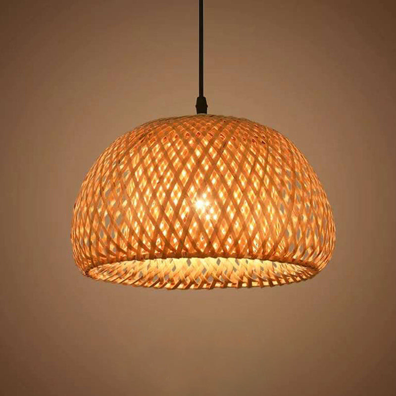 Wooden Pendant Bedside Lamp With Bamboo Shade - Asian Style Drop Light Wood / 12