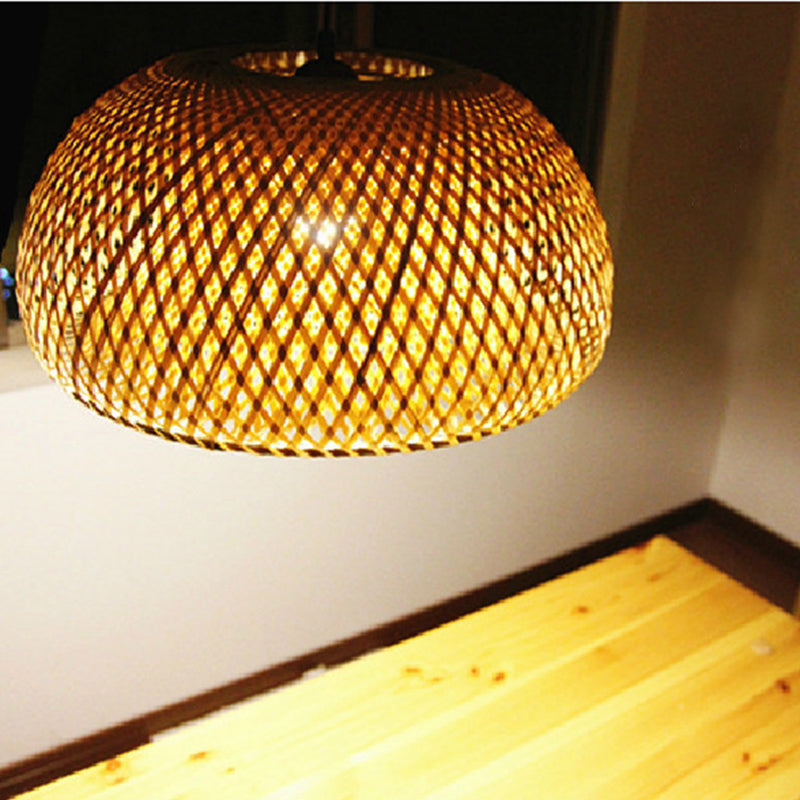 Wooden Pendant Bedside Lamp With Bamboo Shade - Asian Style Drop Light