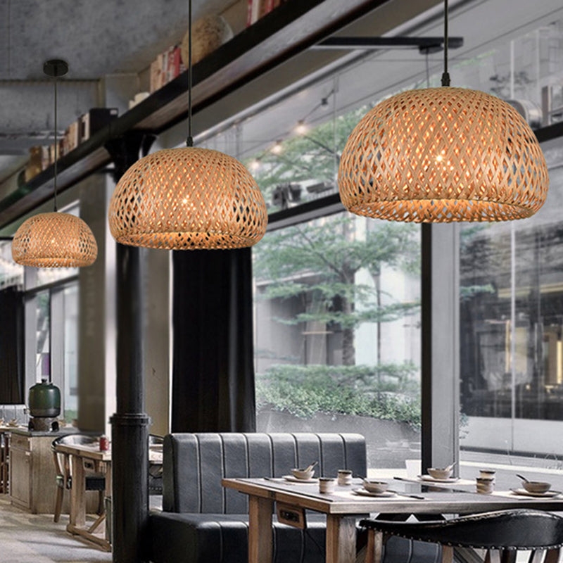 Wooden Pendant Bedside Lamp With Bamboo Shade - Asian Style Drop Light