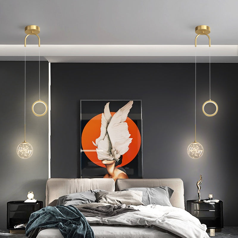 Minimalist Gold Starry LED Pendant Light for Bedroom with Glass Ball and Ring