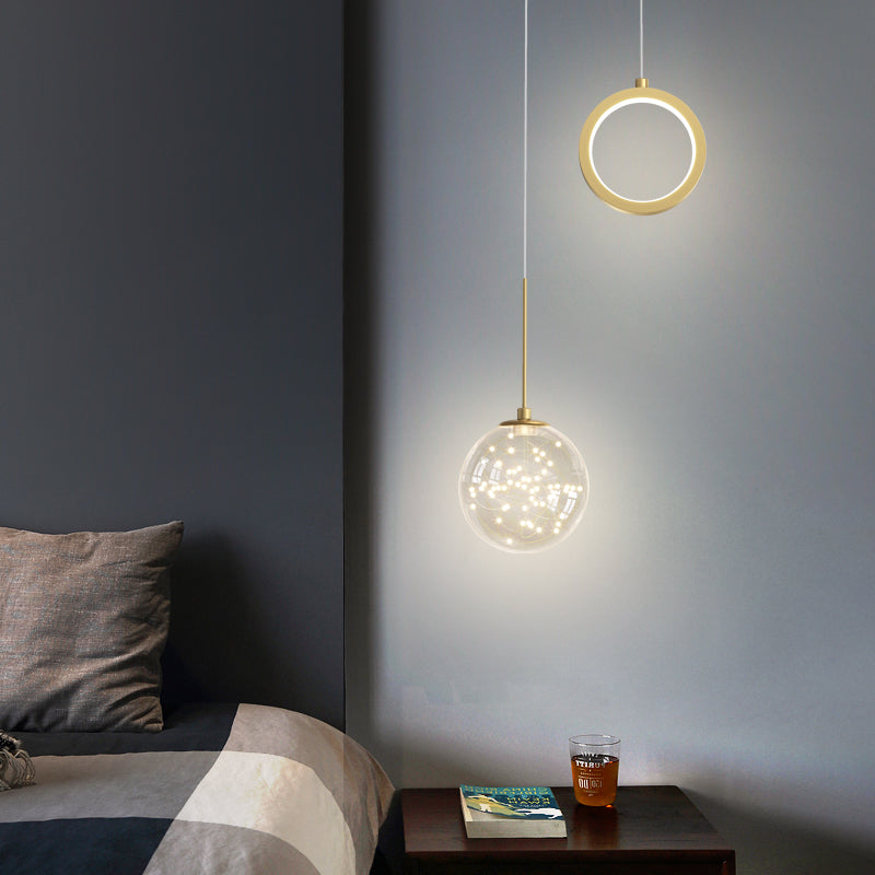 Minimalist Gold Starry LED Pendant Light for Bedroom with Glass Ball and Ring