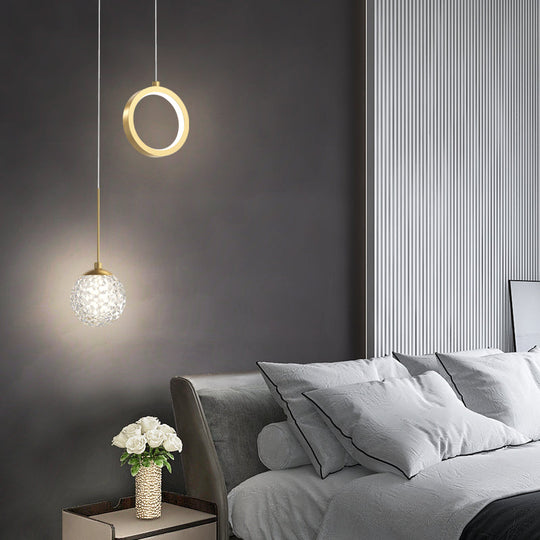 Minimalist Gold Glass Ball & Ring Led Pendant - 2-Light Starry Suspension Light For Bedroom
