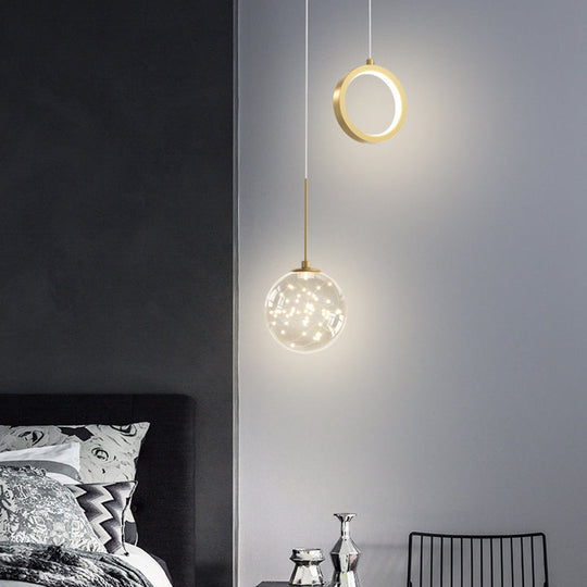 Minimalist Gold Starry LED Pendant Light for Bedroom with Glass Ball and Ring