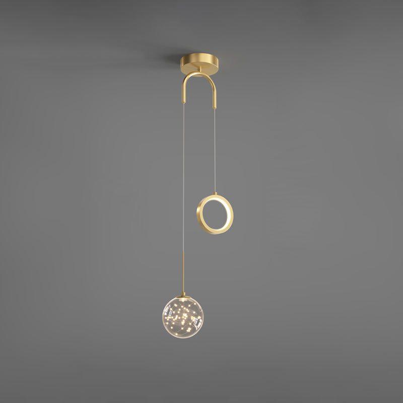 Minimalist Gold Starry LED Pendant Light for Bedroom with Glass Ball and Ring