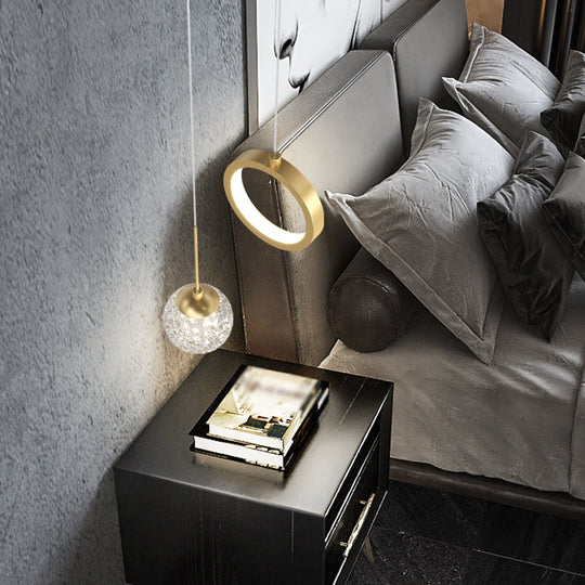 Minimalist Gold Starry LED Pendant Light for Bedroom with Glass Ball and Ring
