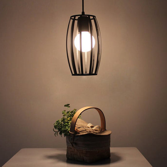 Industrial Bistro Cage Pendant Lamp - Black Barrel Shape, Hanging Lighting, Suspension Design