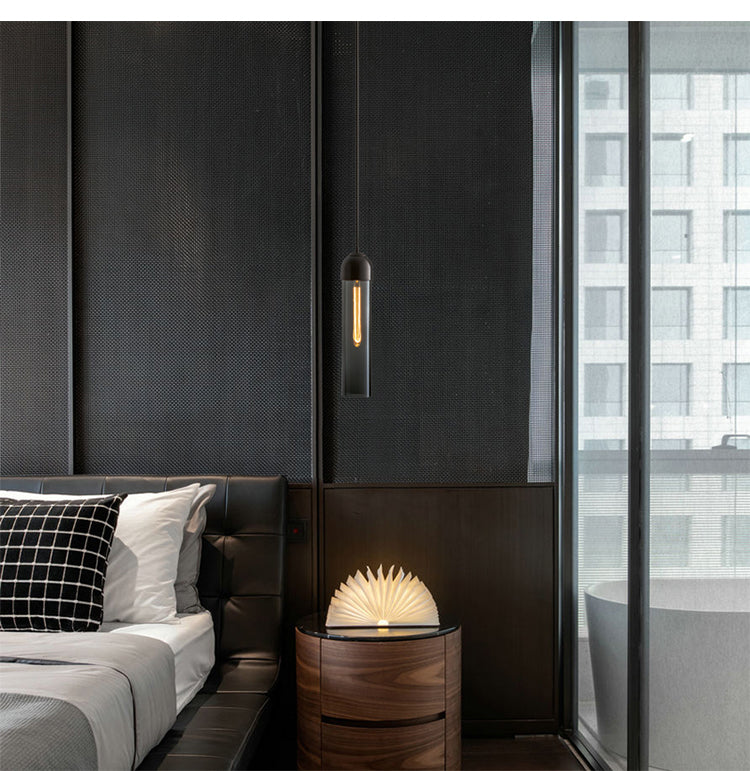 Minimalist Glass Hanging Light - 17.7" Height, Tube-shaped, 1 Light Bedside Pendant with Adjustable Cord (47")