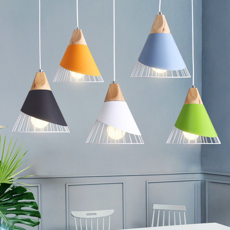 Nordic Solid Wood Macaroon Pendant Lamp With Iron Hollow Shade For Bedroom