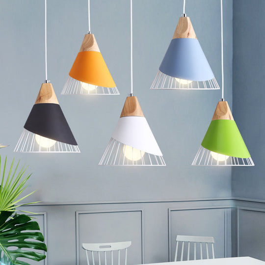 Nordic Solid Wood Macaroon Pendant Lamp With Iron Hollow Shade For Bedroom