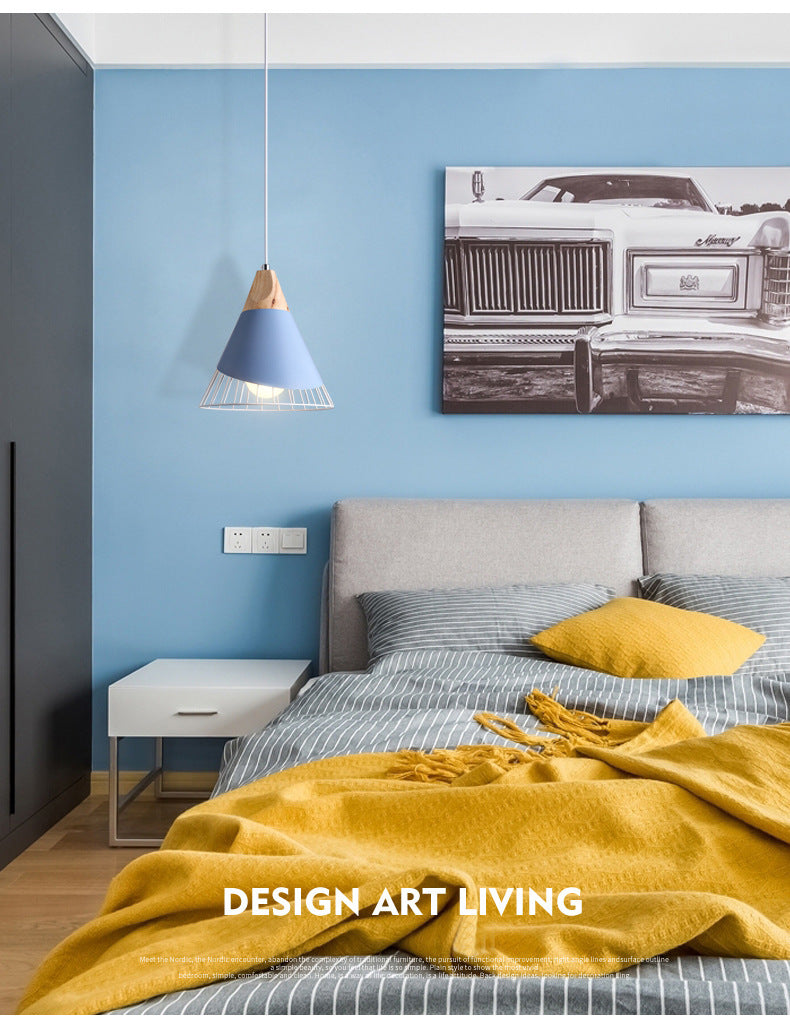 Minimalist Nordic Macaroon Hanging Light with Solid Wood Shade for Bedroom