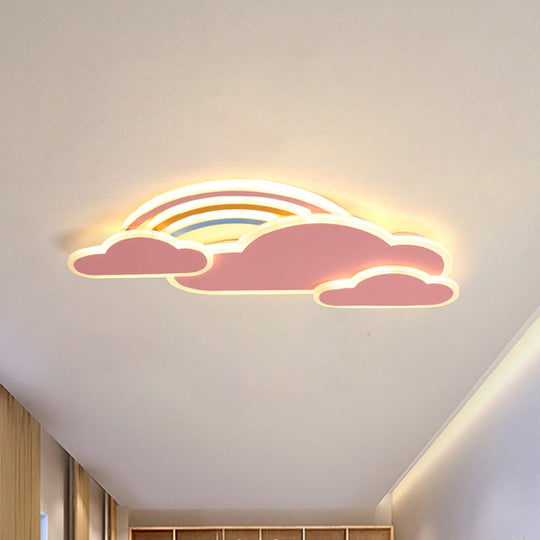 Rainbow Cloudy Ceiling Light - White/Pink Cartoon LED Flush-Mount Fixture, Warm/White Light