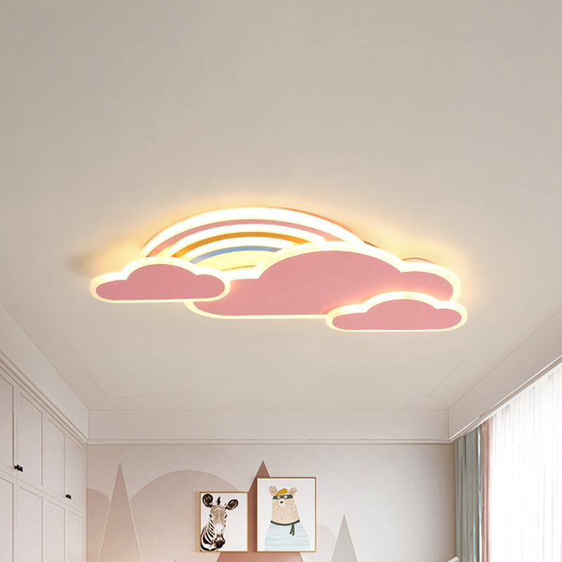 Rainbow Cloudy Ceiling Light - White/Pink Cartoon LED Flush-Mount Fixture, Warm/White Light