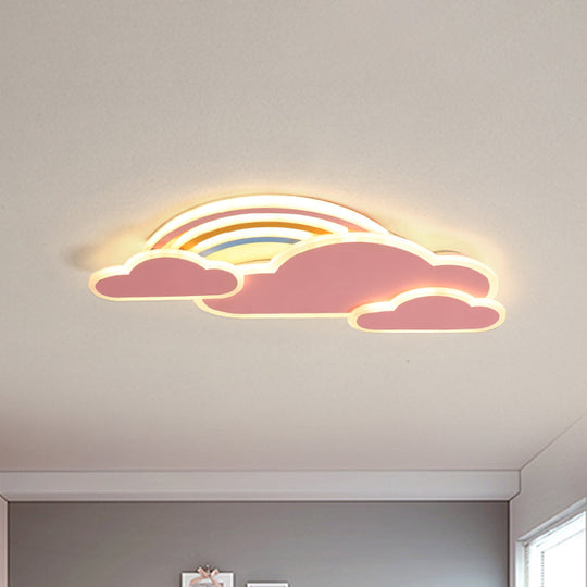 Rainbow Cloudy Ceiling Light - White/Pink Cartoon LED Flush-Mount Fixture, Warm/White Light
