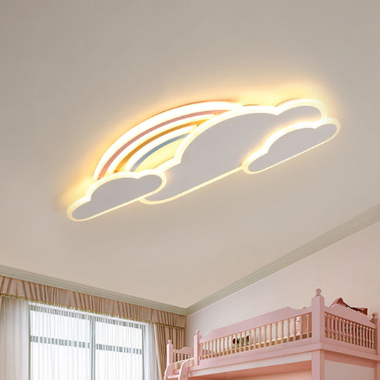 Rainbow Cloudy Ceiling Light - White/Pink Cartoon LED Flush-Mount Fixture, Warm/White Light