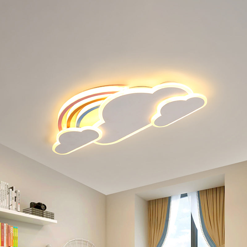 Rainbow Cloudy Ceiling Light - White/Pink Cartoon LED Flush-Mount Fixture, Warm/White Light